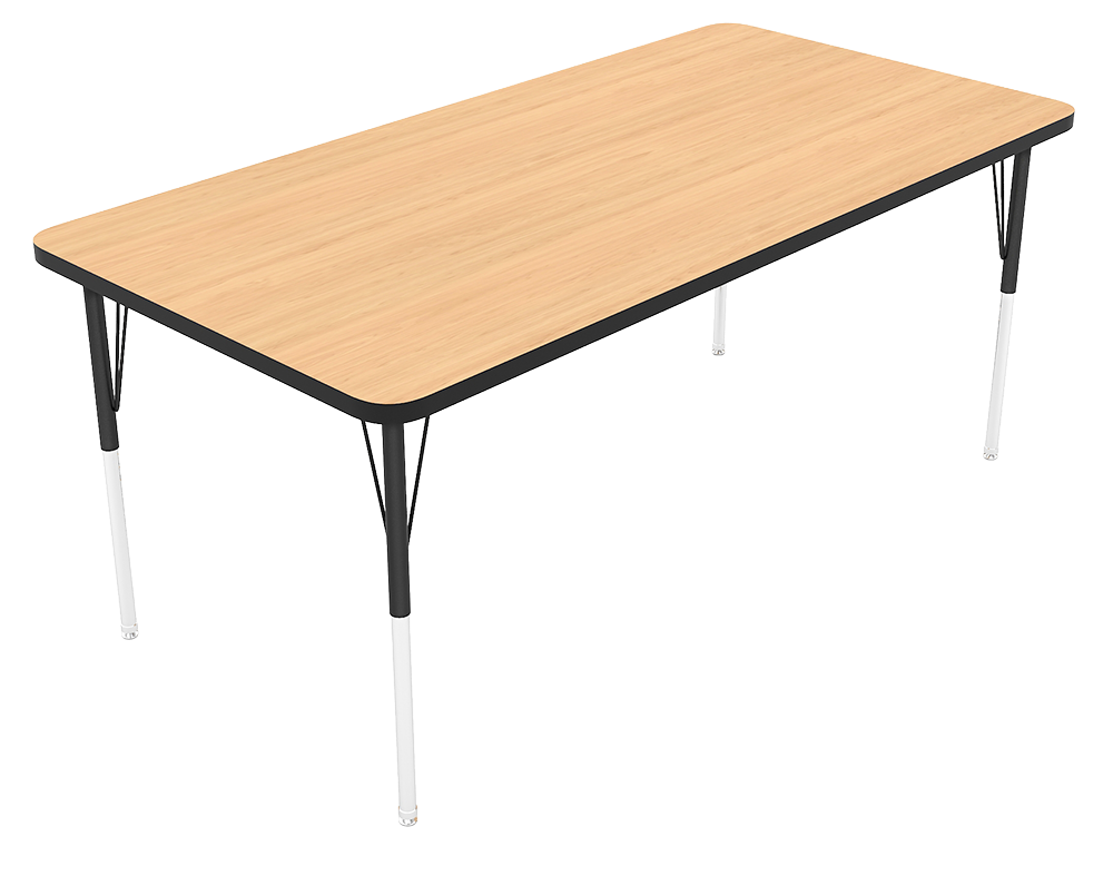 A rectangular table with a light wood top metal legs are white with black accents.