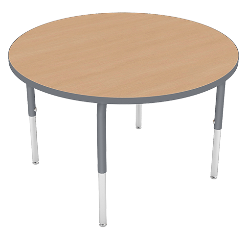 Round table with a light wooden top and white metal legs.