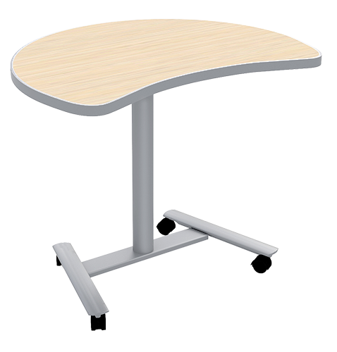 Office desk with a light wooden surface and metal frame, featuring a rounded corner and caster wheels.