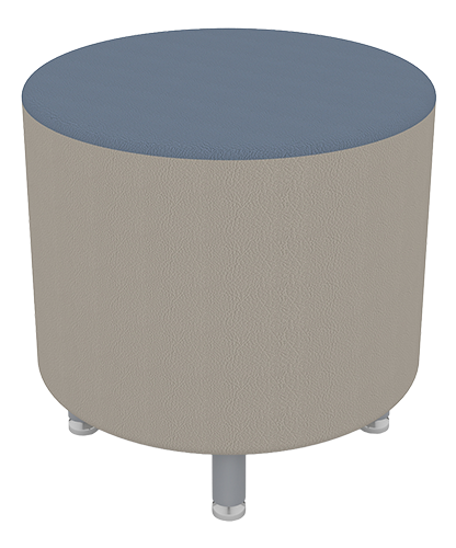 A beige, cylindrical ottoman with a blue cushion top and small silver legs.
