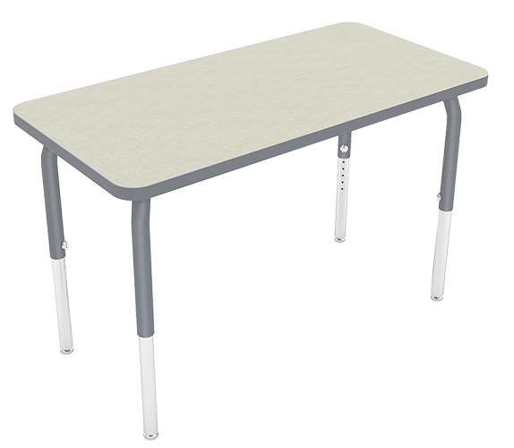 A rectangular white study desk with metal legs.