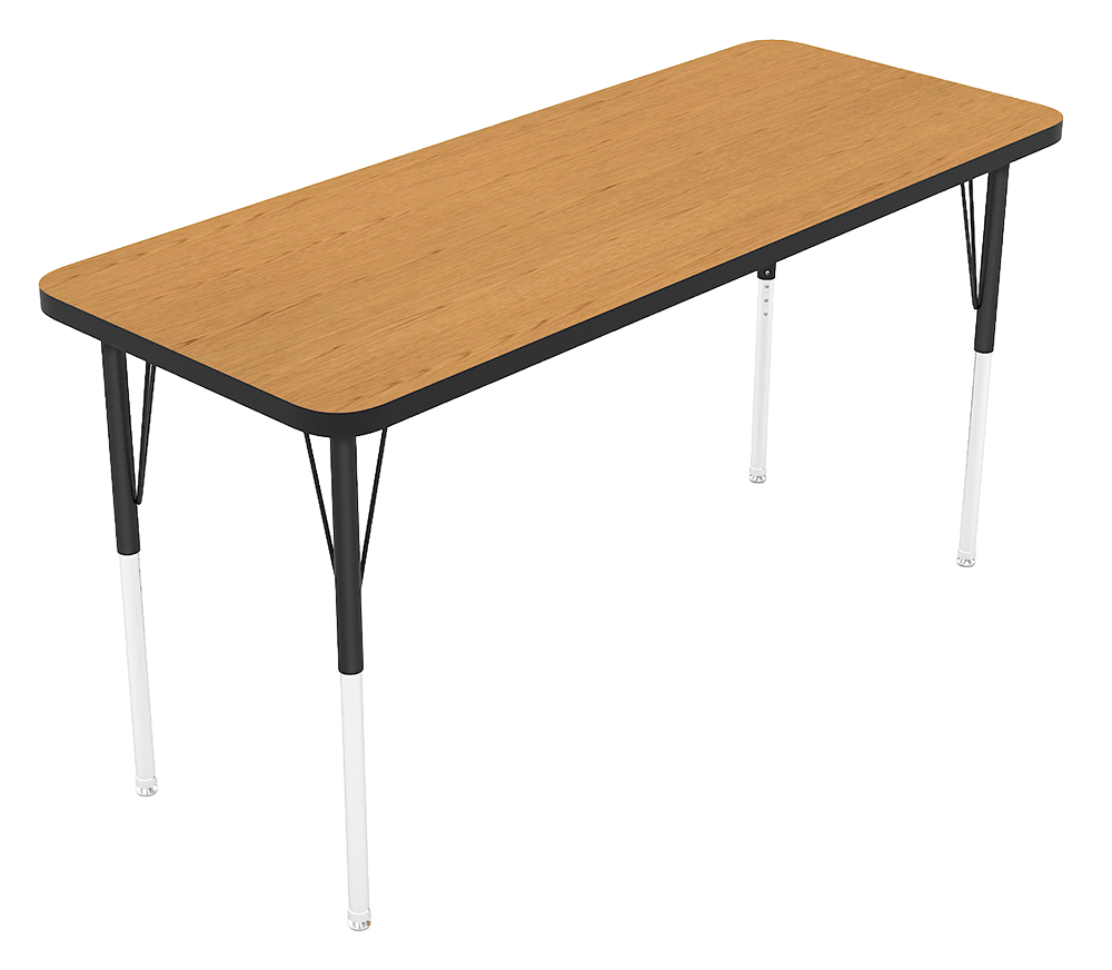 A wooden top table with four black and white metal legs.