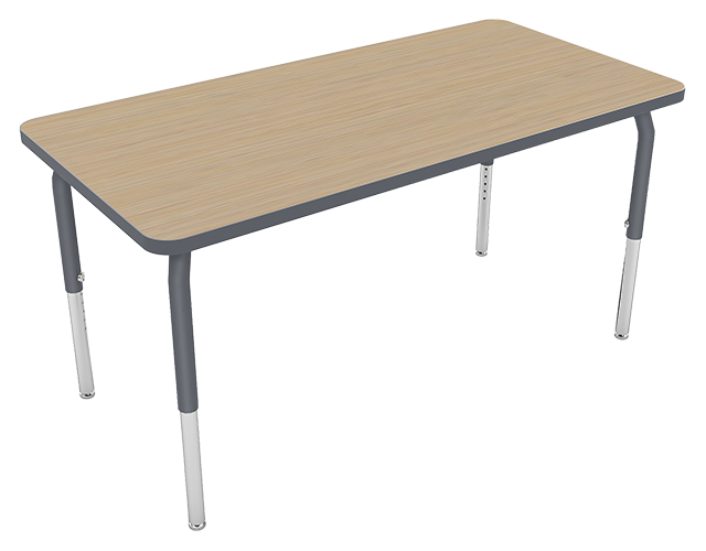 A wooden top desk with metal legs.