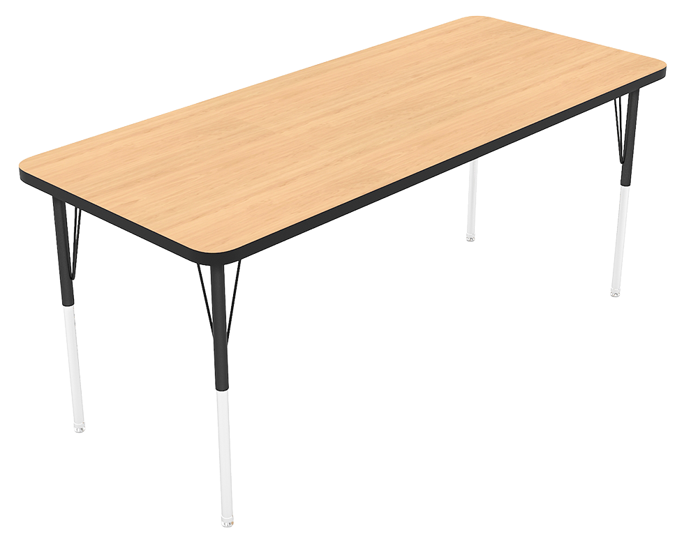 A rectangular table with a wooden tabletop and black metal legs.