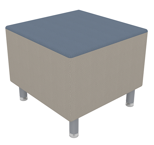 3D rendering of a beige and blue cube-shaped object with four legs.