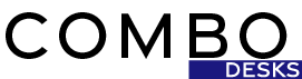 A black office desk with a white keyboard, a white mouse, and a small potted plant, with a blue label reading 'DESKS' in the corner.