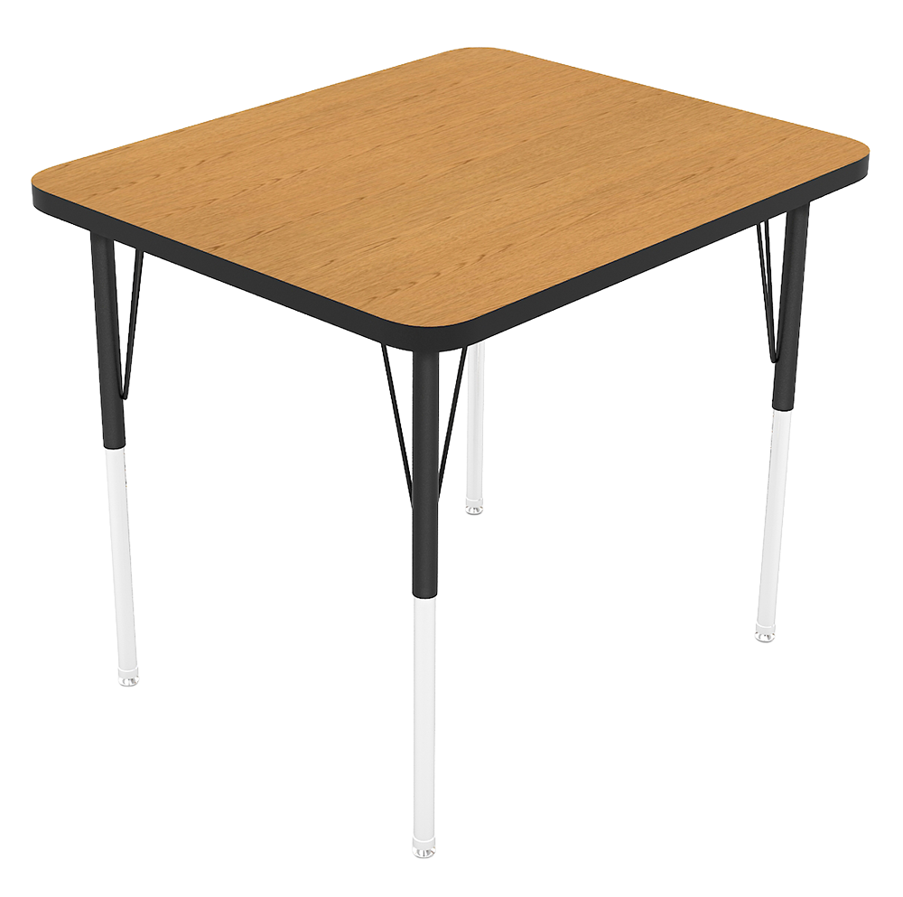 A small square wooden table with black and white metal legs.