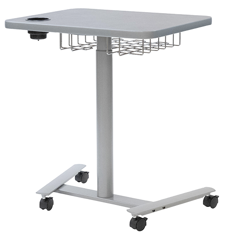 A medical or laboratory overbed table with adjustable height mechanism, caster wheels, a flat rectangular surface, and a lower shelf with a wire basket.