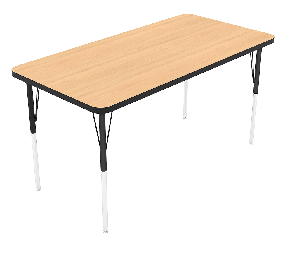 A rectangular table with a light wooden top and black and white metal legs.