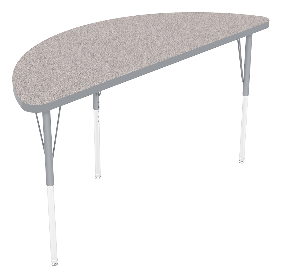 An oval-shaped office or conference table with a beige speckled surface and white metal legs.