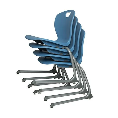 Stack of blue plastic chairs with metal legs.