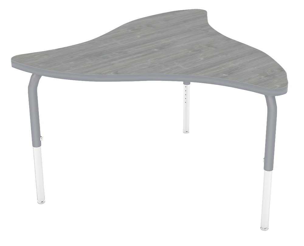 A corner desk with a wooden top and metal legs.