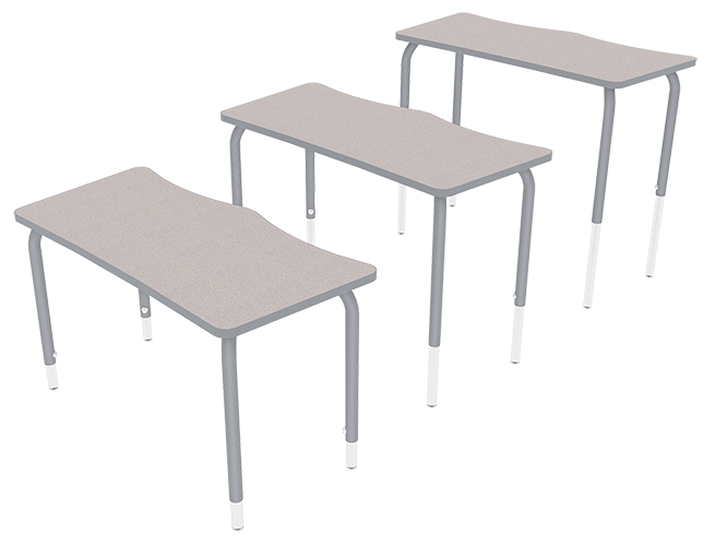 Three classroom desks with gray tabletops and metal legs viewed from an angle.