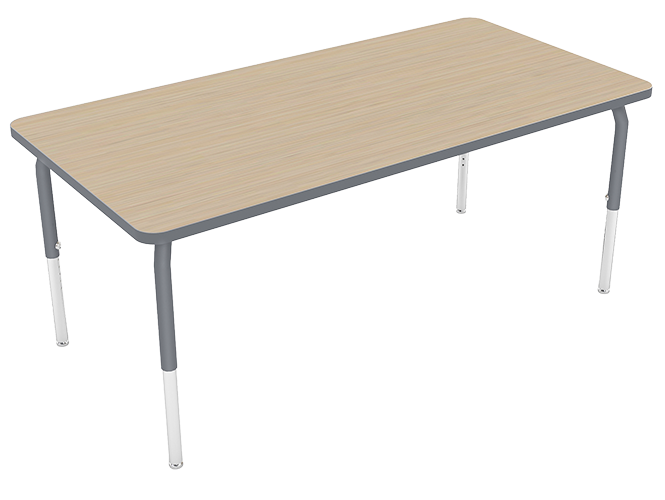 A rectangular office desk with a light woodgrain top and metal legs.