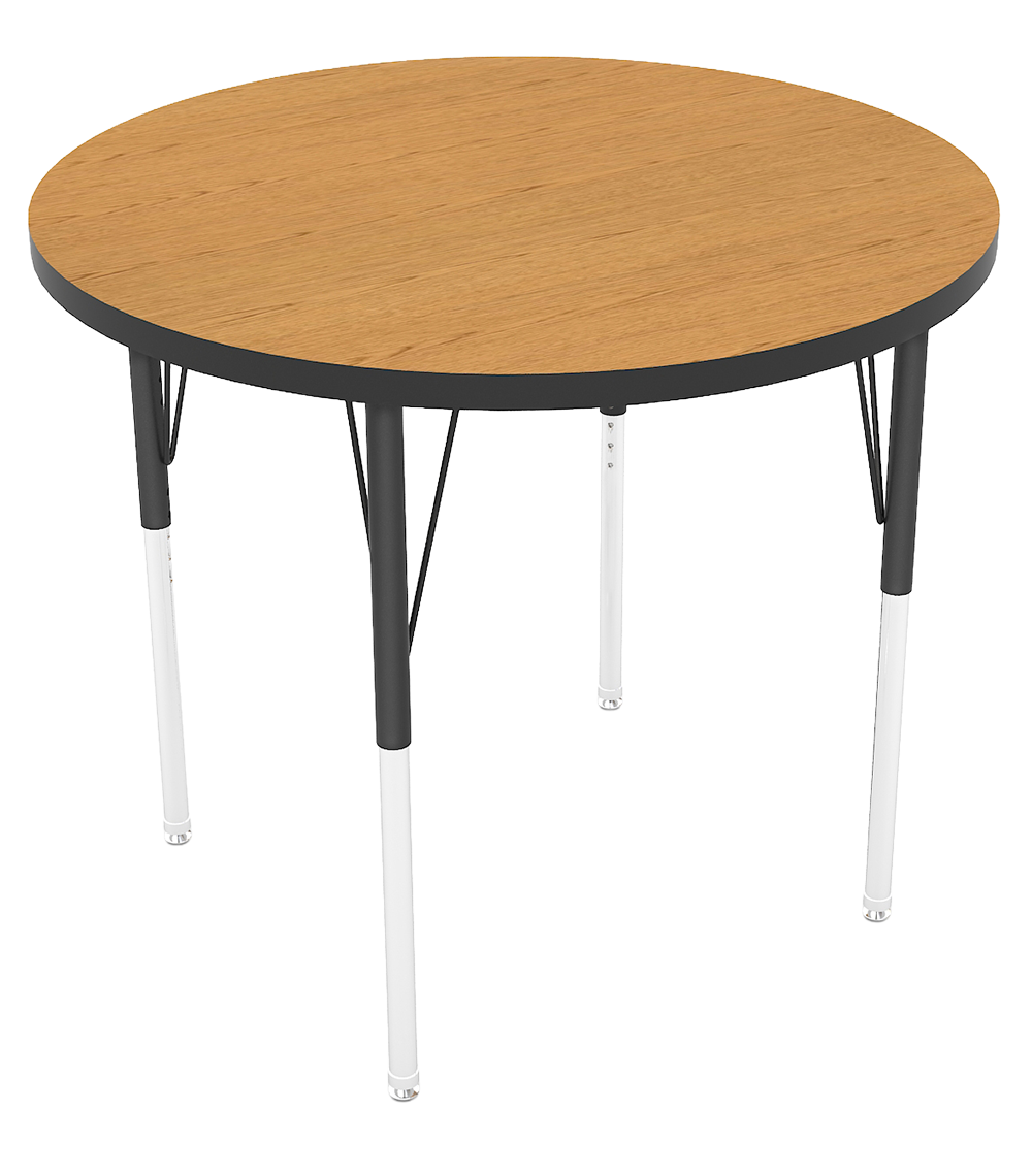 A round table with a wooden top and black and white metal legs.
