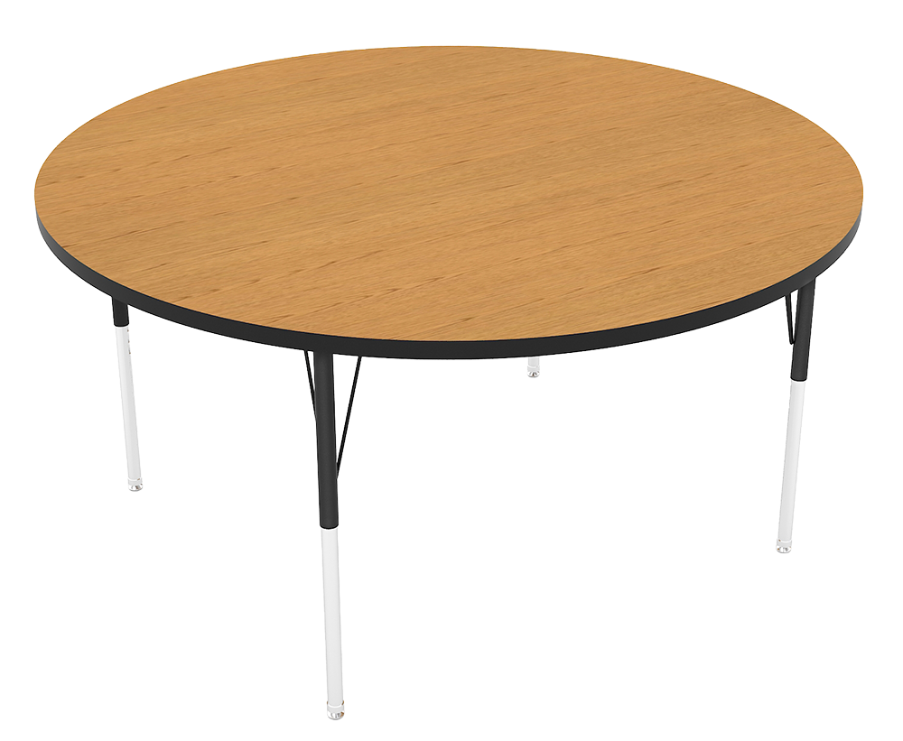 Round table with a wooden top and white and black metal legs.