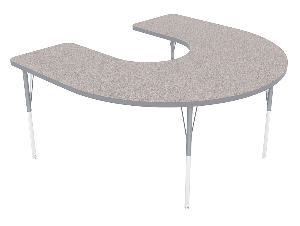 U-shaped gray conference or classroom table with metal legs.