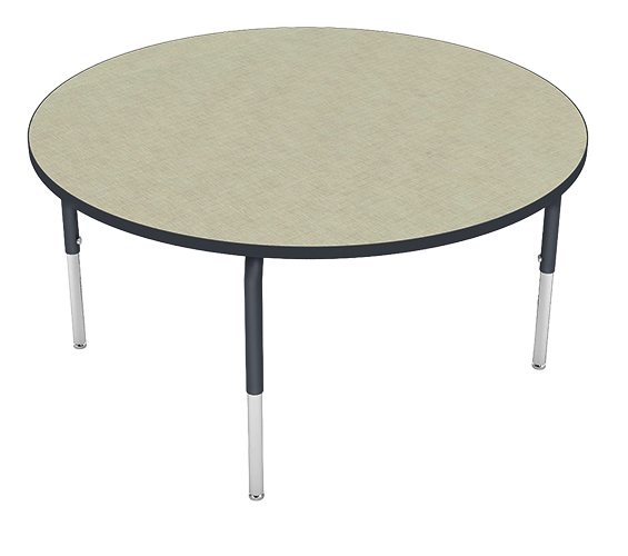 Round table with a light-colored surface and four black and silver legs.