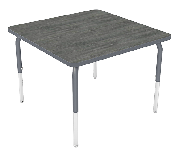 A small table with a gray wood grain top and white metal legs.