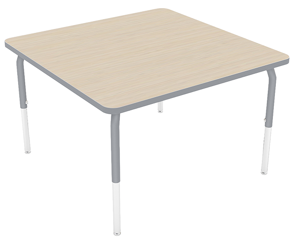 A classroom table with a light wooden top and metal legs.