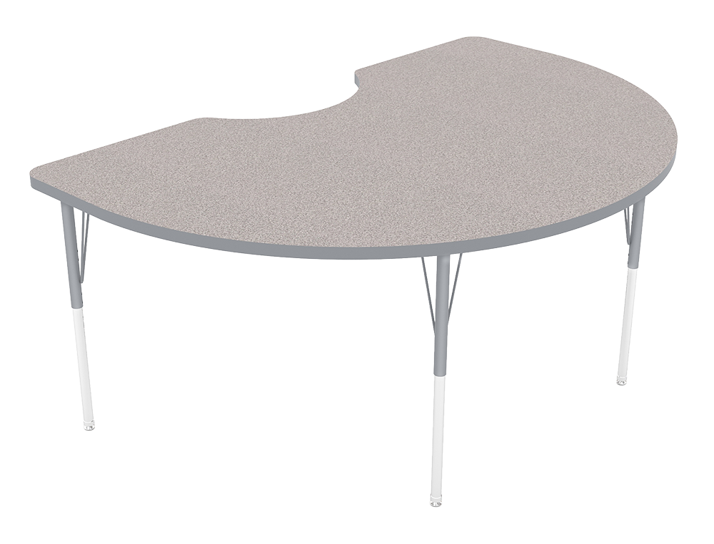 A kidney-shaped table with a speckled beige top and silver legs.