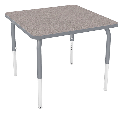 A square table with a gray frame and beige tabletop, featuring adjustable legs.