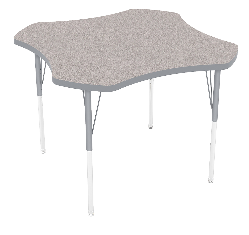A small table with a beige, irregular-shaped top and white metal legs.