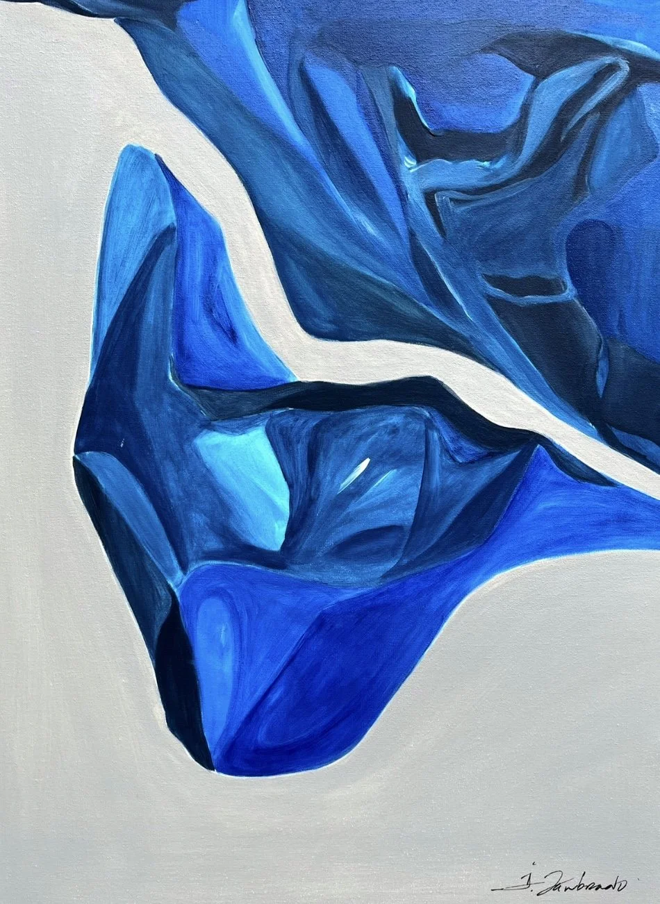 Abstract painting with shades of blue and white swirling shapes.