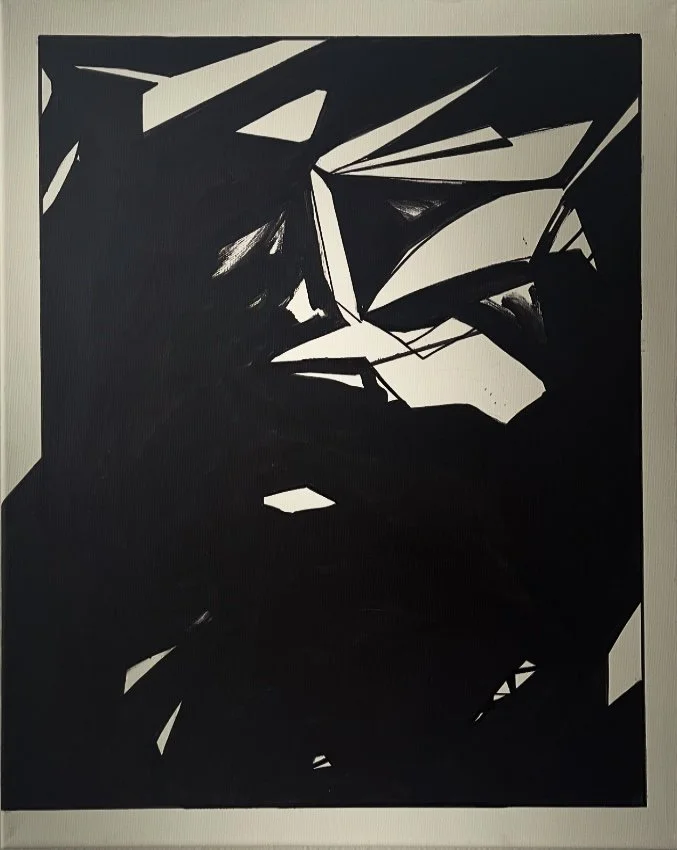 Black and white abstract art with sharp triangular and angular shapes creating a dynamic composition.
