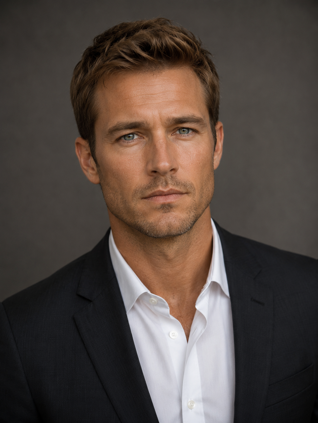 A professional headshot of a man with short brown hair, blue eyes, wearing a black suit and white shirt, against a plain gray background.