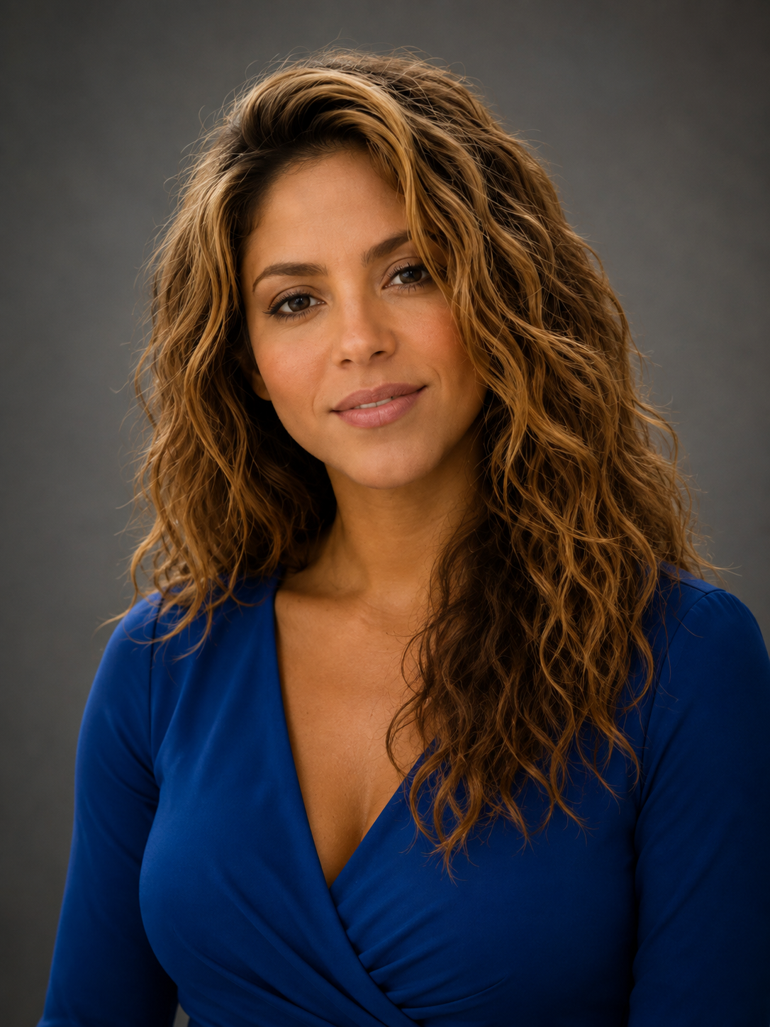 Close-up portrait of a woman with long, curly, light brown hair, wearing a blue dress, smiling softly against a gray background.