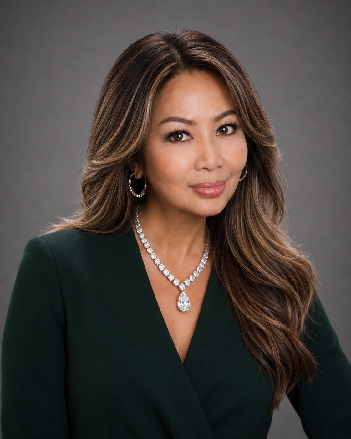 A woman with long wavy brown hair, wearing a dark green blazer, and jewelry including pearl earrings, a diamond necklace, and a diamond pendant, posing against a plain gray background.