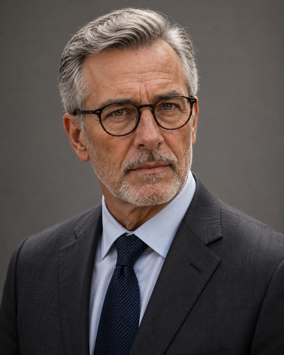 A distinguished older man with gray hair, beard, and glasses wearing a dark suit, light blue shirt, and dark patterned tie, looking intently to the side against a plain background.