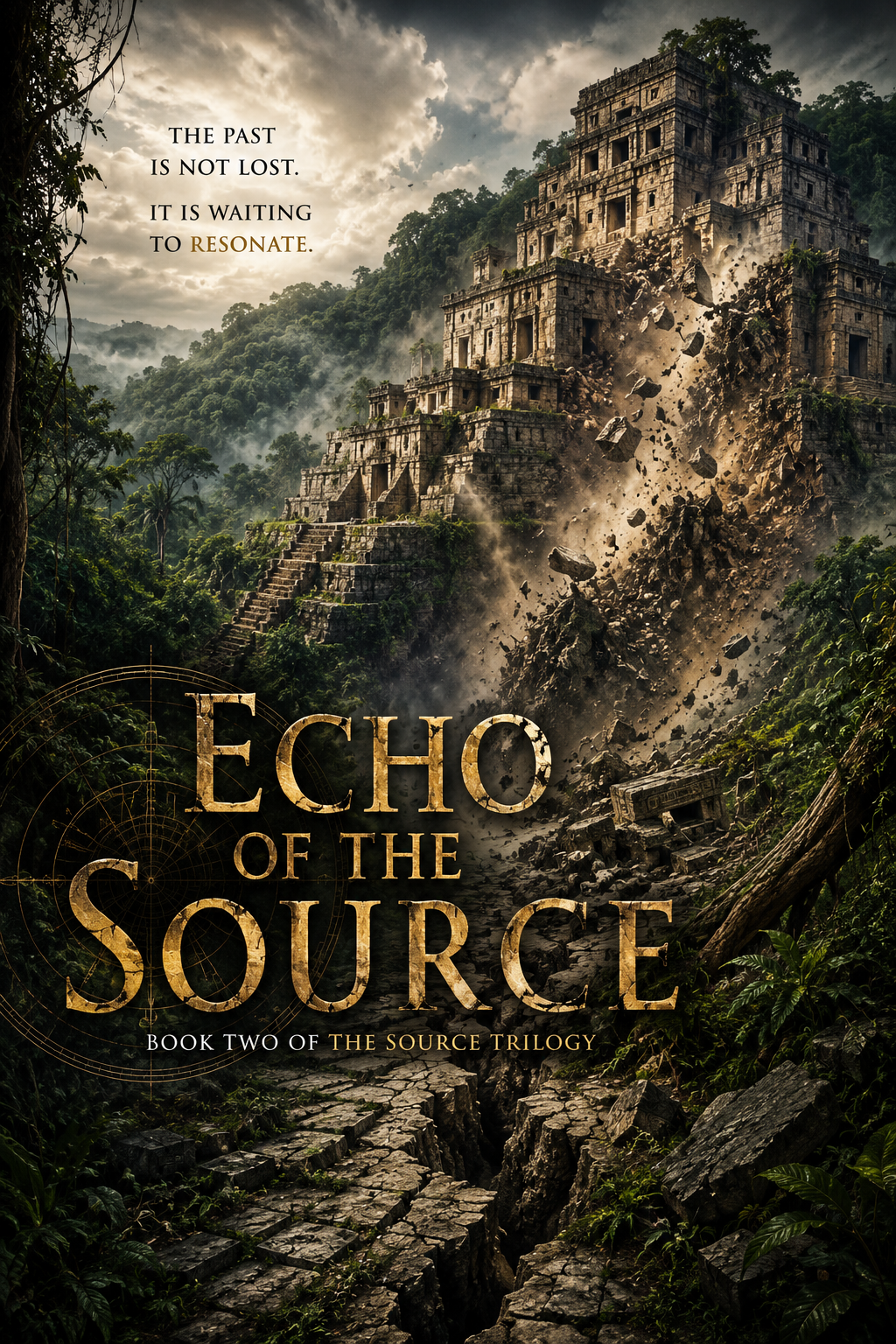 Deposit of jungle ruins with a modern, ancient temple on a hill surrounded by trees, with stormy clouds overhead, and text overlay about a trilogy titled 'Echo of the Source'.
