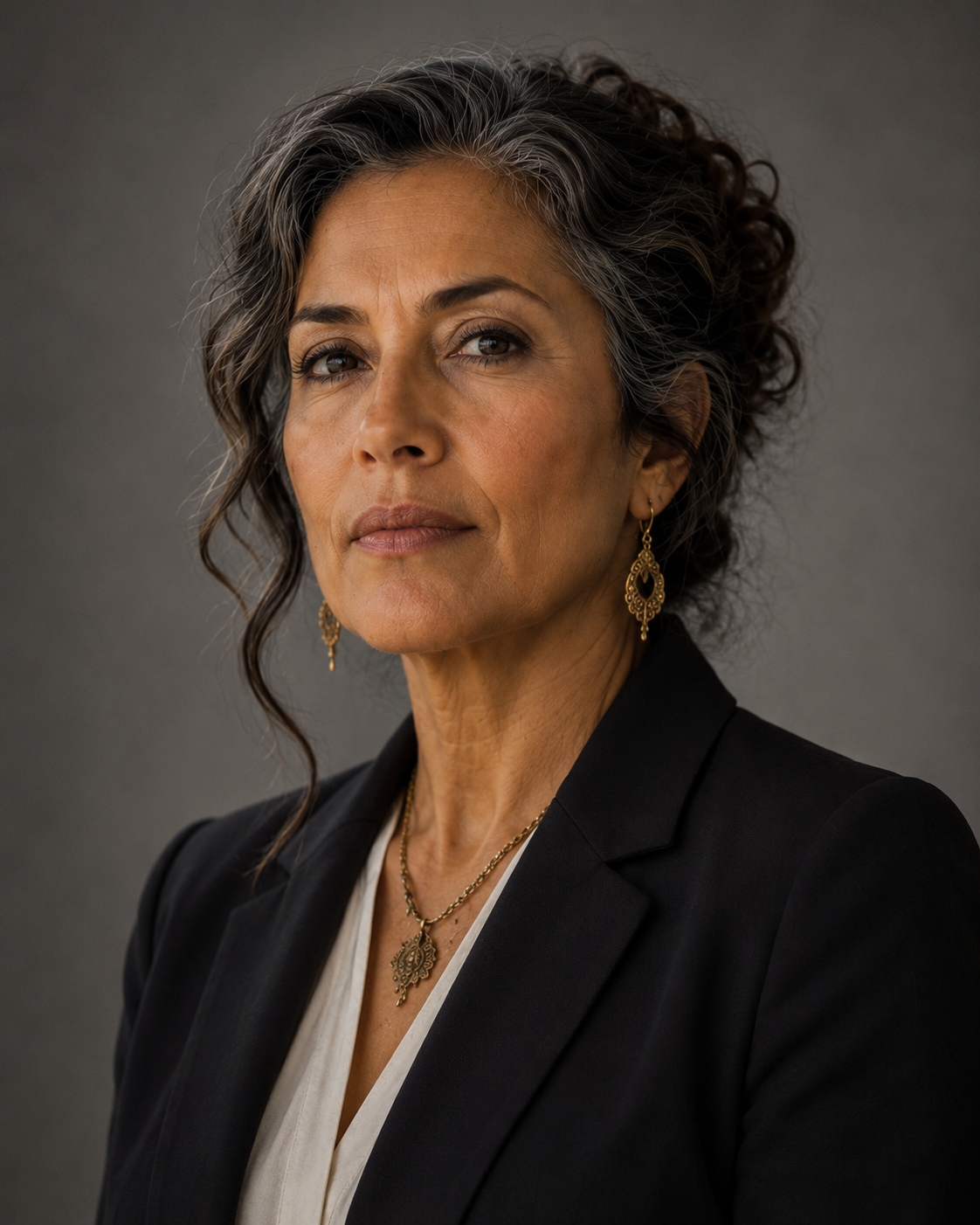 A confident middle-aged woman with short, curly gray hair, wearing a black blazer and white blouse, gold earrings and a necklace, looking directly at the camera against a gray background.