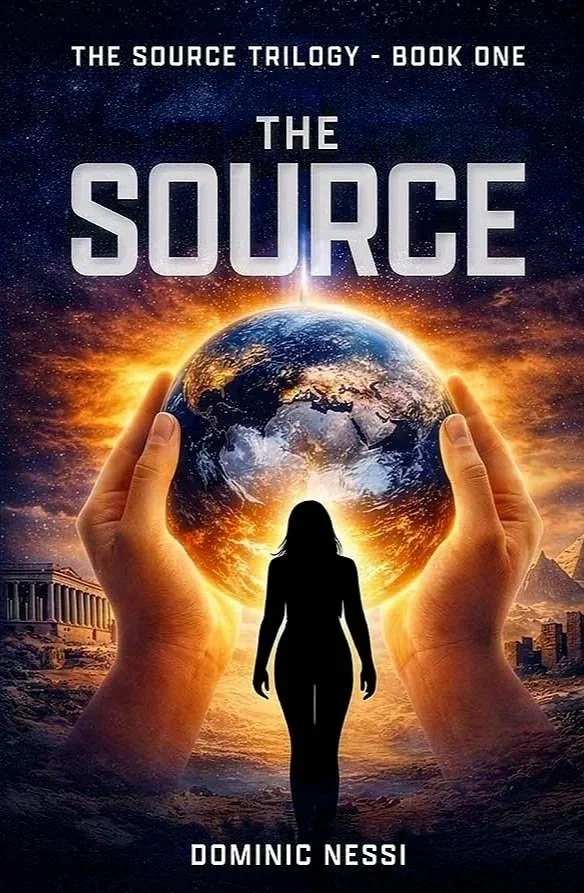 Book cover for "The Source" by Dominic Nessi, featuring large hands holding a glowing Earth with a sunset or sunrise, and a silhouette of a person walking towards it, with ancient ruins and modern buildings in the background.
