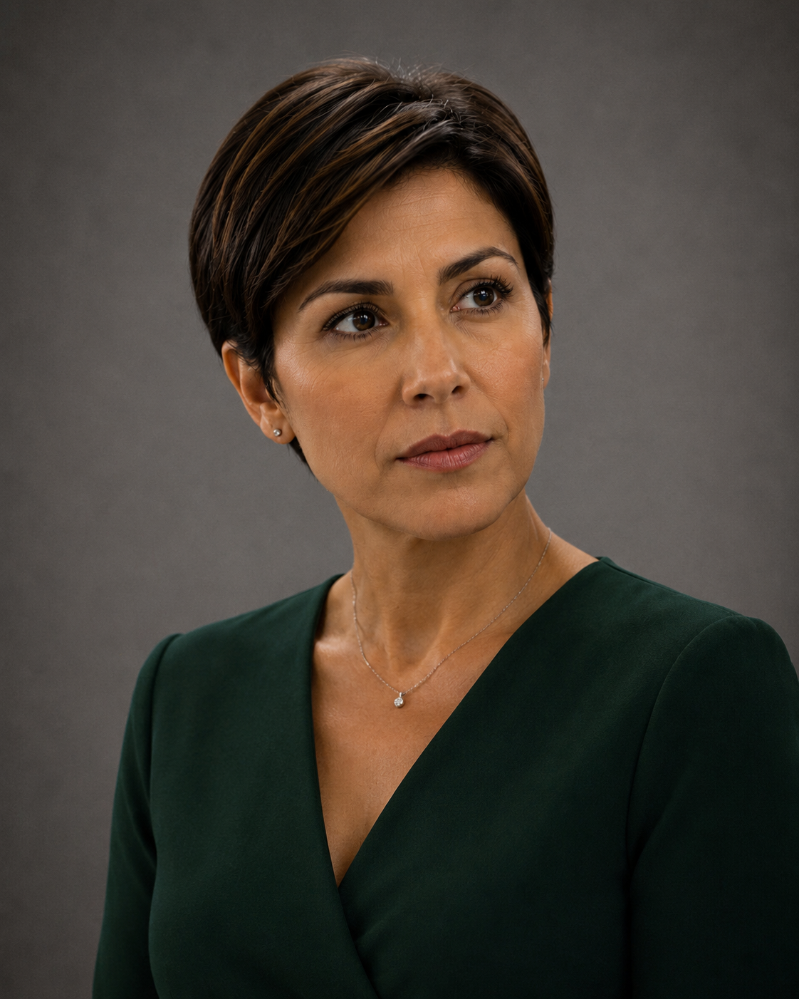 A woman with short brown hair styled in layers, wearing a dark green V-neck blouse and a delicate necklace with a small pendant, looking slightly to her right with a neutral expression, against a plain gray background.