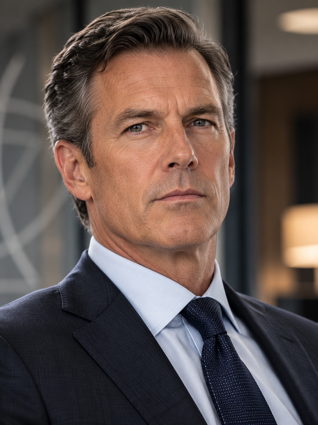 Close-up of a middle-aged man with gray hair and blue eyes, wearing a dark suit, light blue shirt, and dark blue tie, looking serious.