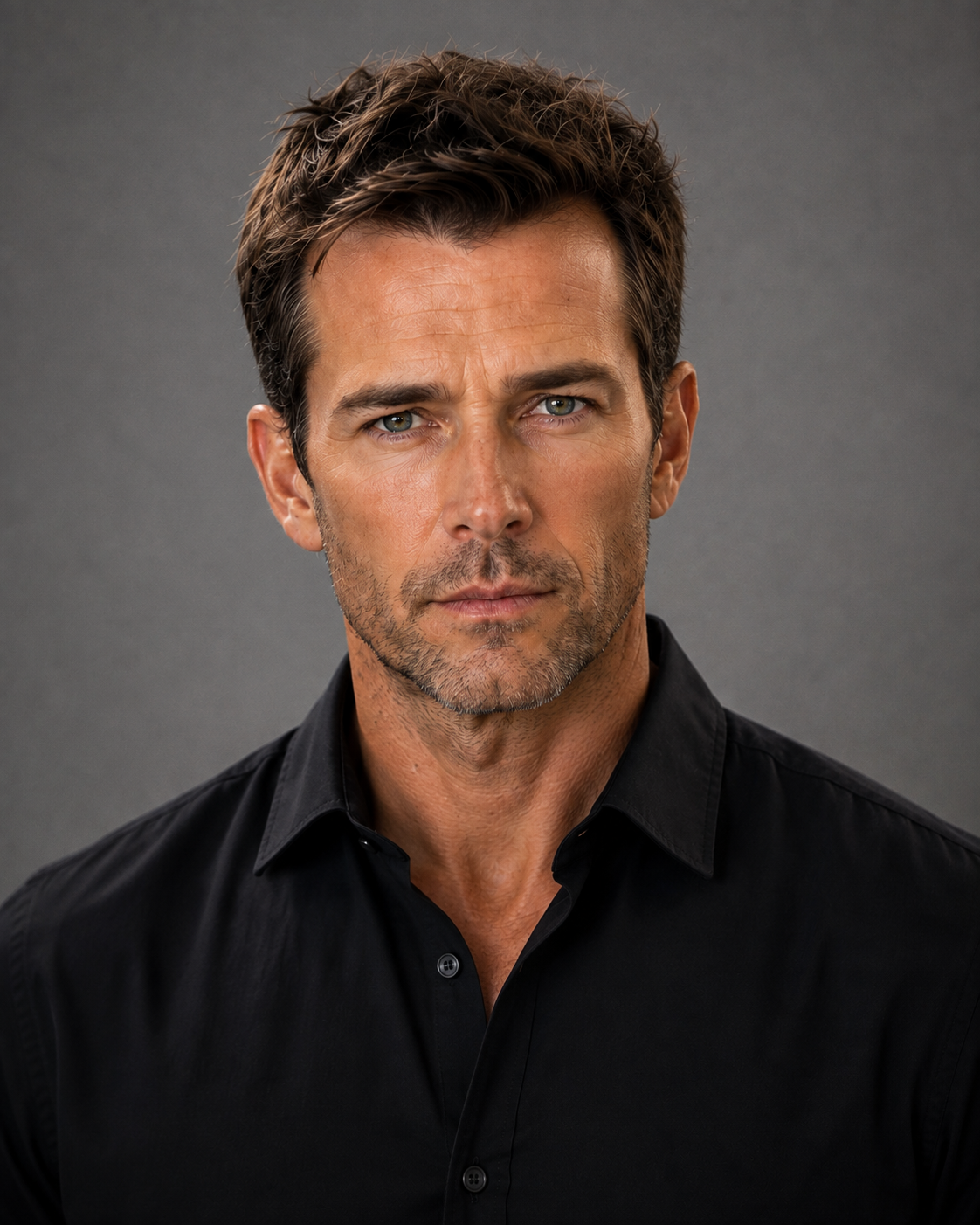 Close-up portrait of a serious-looking man with short, dark brown hair and light blue eyes, wearing a black button-up shirt against a gray background.