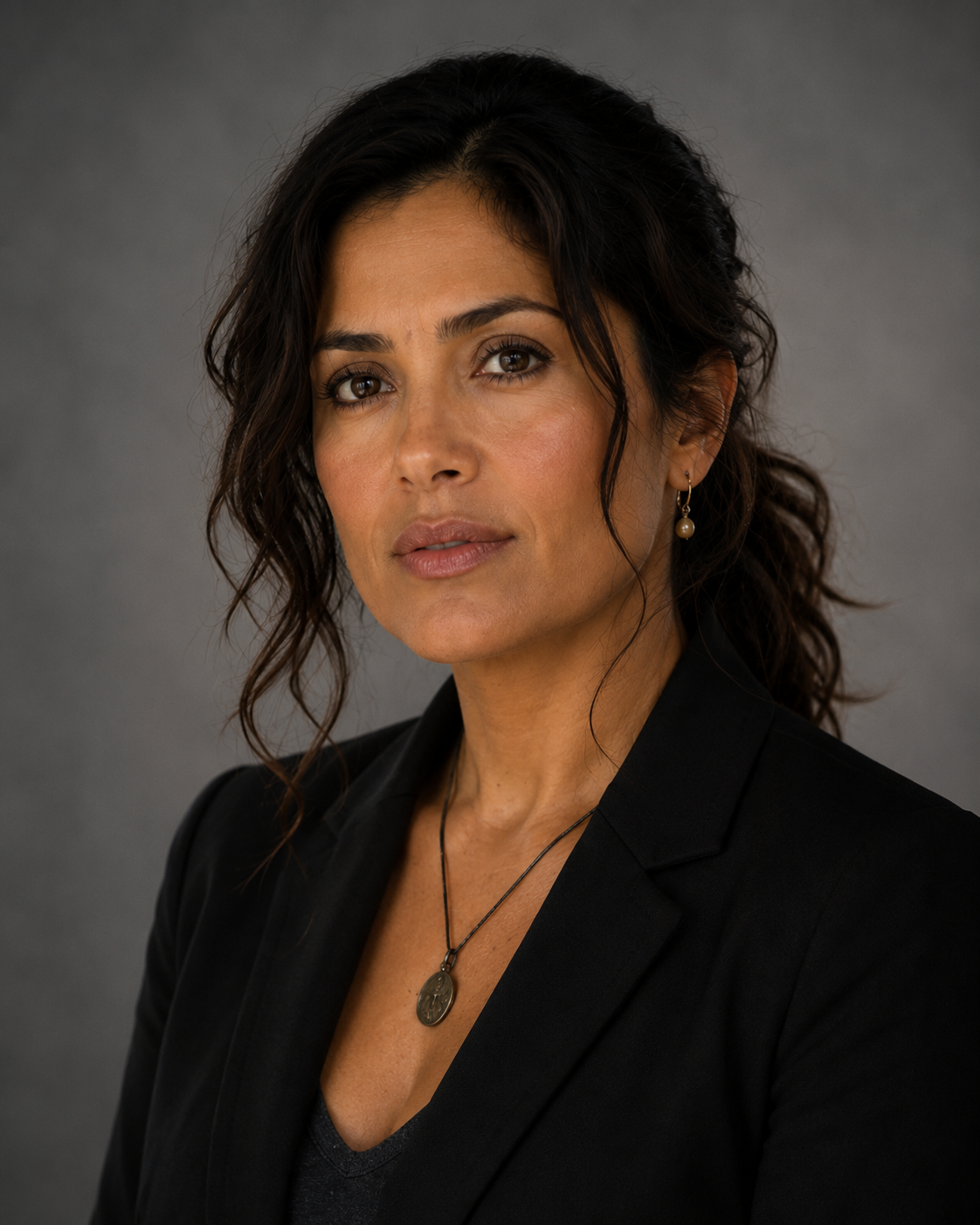 A woman with dark, wavy hair and brown eyes wearing a black blazer, pearl earrings, and a pendant necklace against a gray background.