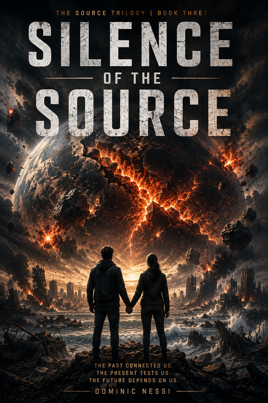 Two people holding hands, facing a fiery apocalypse with a destroyed cityscape and a large, exploding planet in the sky.