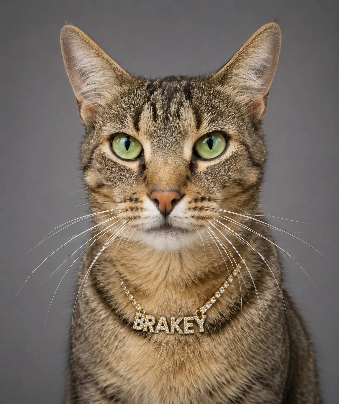 Close-up of a tabby cat wearing a gold chain necklace with the name 'BRAKEY' spelled out in rhinestones, against a gray background.