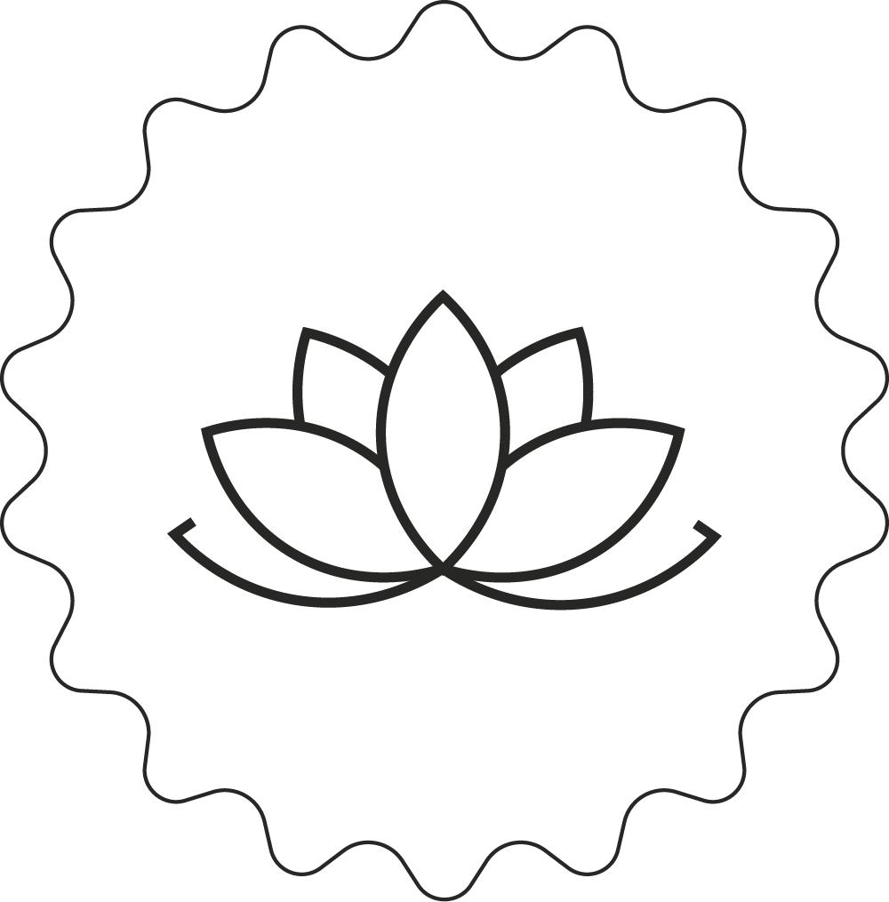 Simple line drawing of a lotus flower with layered petals, centered within a wavy-edged circle.