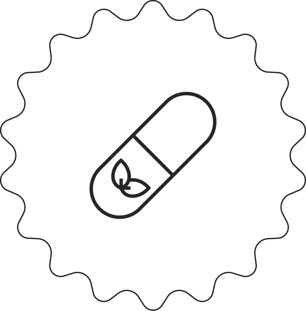 Black icon of a capsule pill with a leaf inside, indicating natural or herbal medicine.