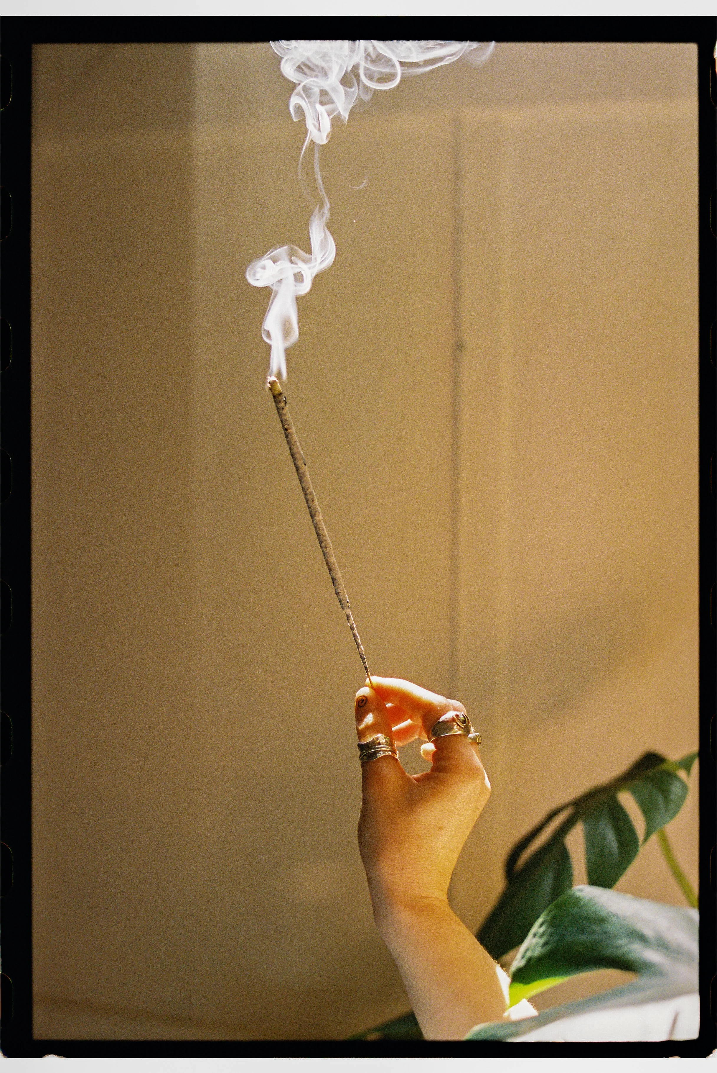 A person holding a burning stick that is producing smoke. The person's hand is adorned with rings, and they are wearing a green shirt. There are green leaves visible in the lower right corner, and the background appears to be a neutral-colored wall.