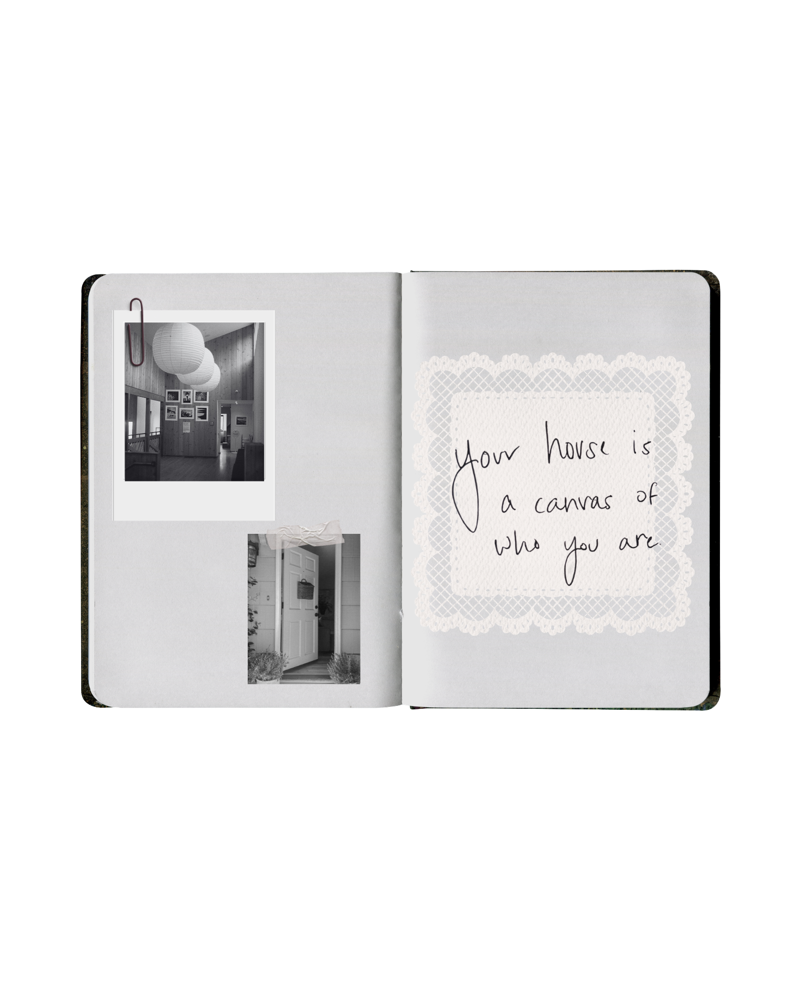 Open scrapbook showing black-and-white interior photo with paper lanterns, and a handwritten note on decorative paper that says, 'Your house is a canvas of who you are.'