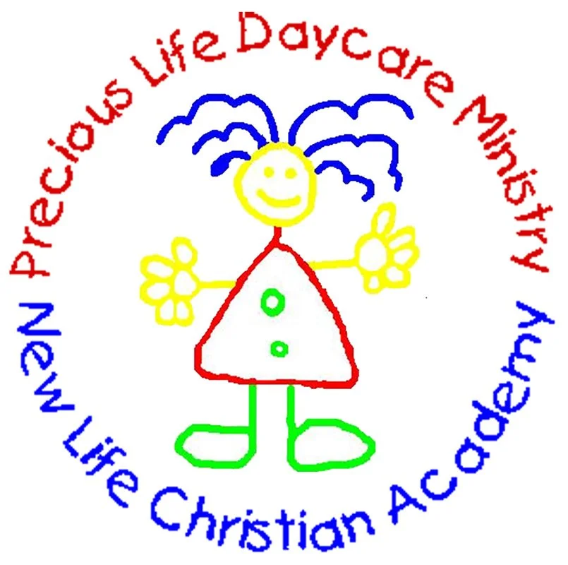 Colorful drawing of a smiling girl with curly hair, wearing a red dress with green buttons, green shoes, and yellow gloves, surrounded by red and blue text promoting a Christian day care and preschool.