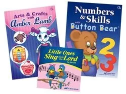 Four children's educational books titled 'Arts & Crafts,' 'Numbers & Skills,' 'Little Ones Sing to the Lord,' and a teddy bear with the number 2 and 3.