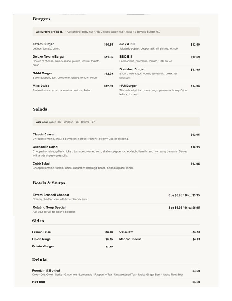 Menus — Tavern on the Commons