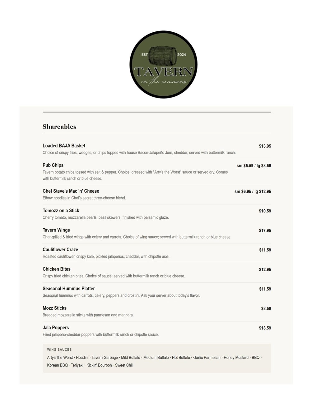Menus — Tavern on the Commons